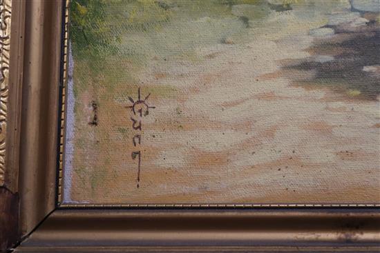 Indian School, oil on canvas, Indian Street scene, indistinctly signed, 66 x 122cm